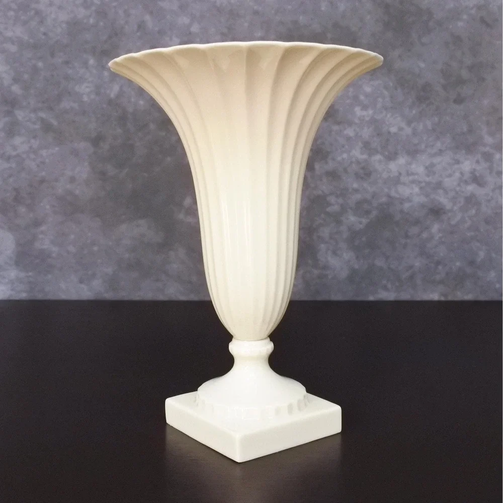 Vintage Lenox Neoclassical Ivory Fluted Pedestal Vase Pair Green Mark